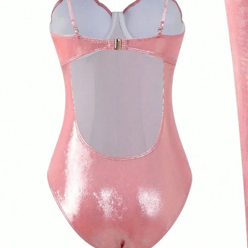 Pink High-End Sexy Women's Shiny Shell Push-Up One-Piece swimsuit w/ coverup
